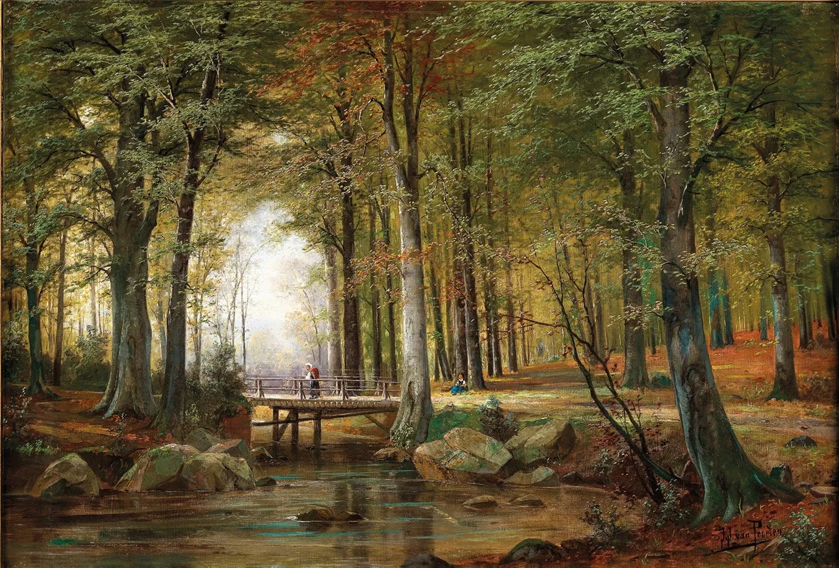 A Wooded Landscape With A Creek And A Bridge