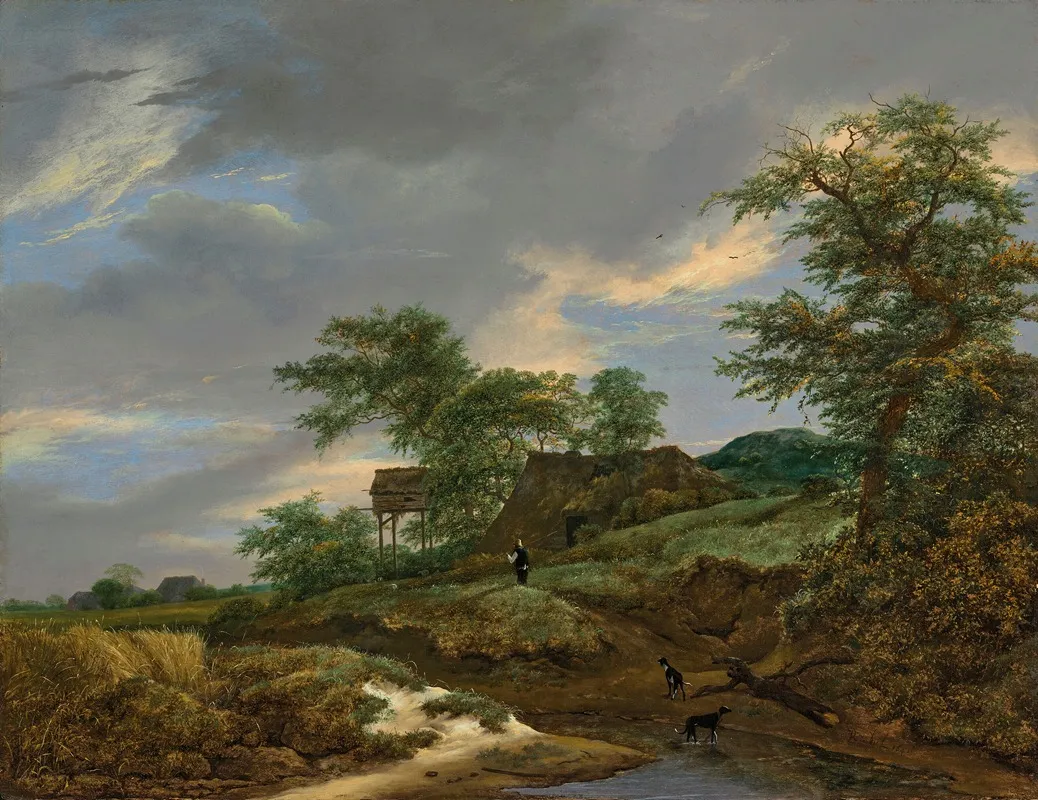 A Wooded Landscape With A Man And Two Dogs On A Path A Cottage Beyond