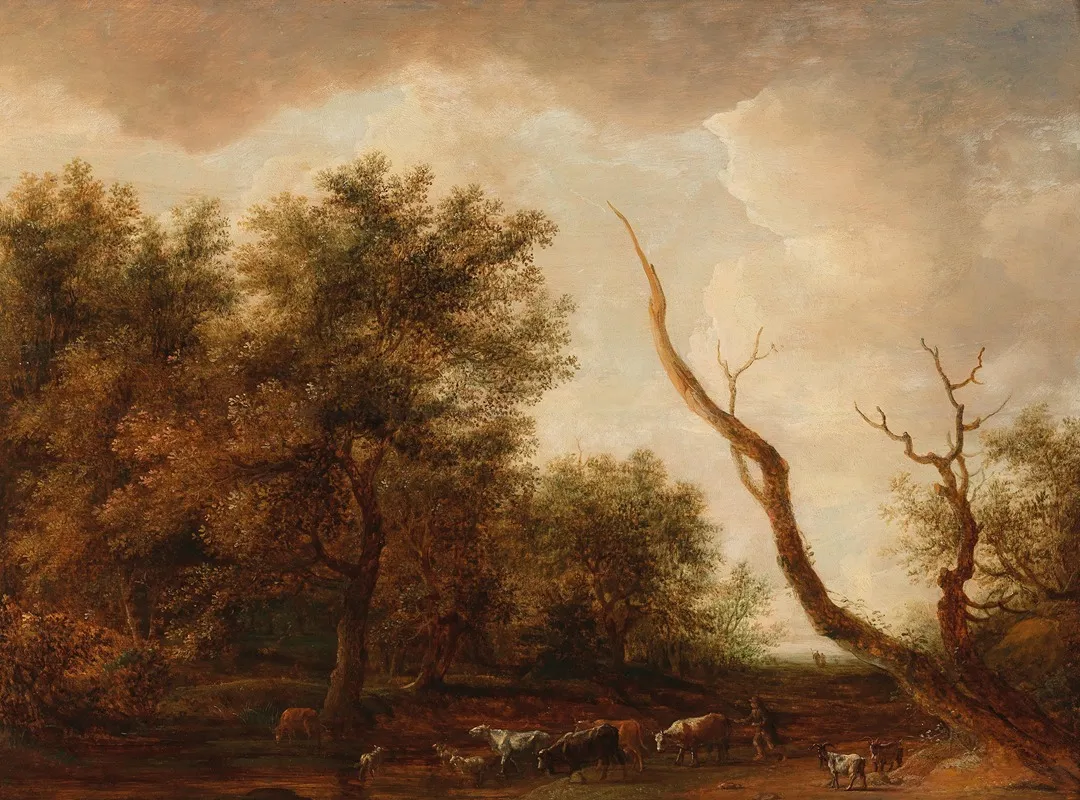 A Wooded Landscape With A Shepherd And His Flock Wall Art by Dirck Dalens - High-Resolution Digital Print