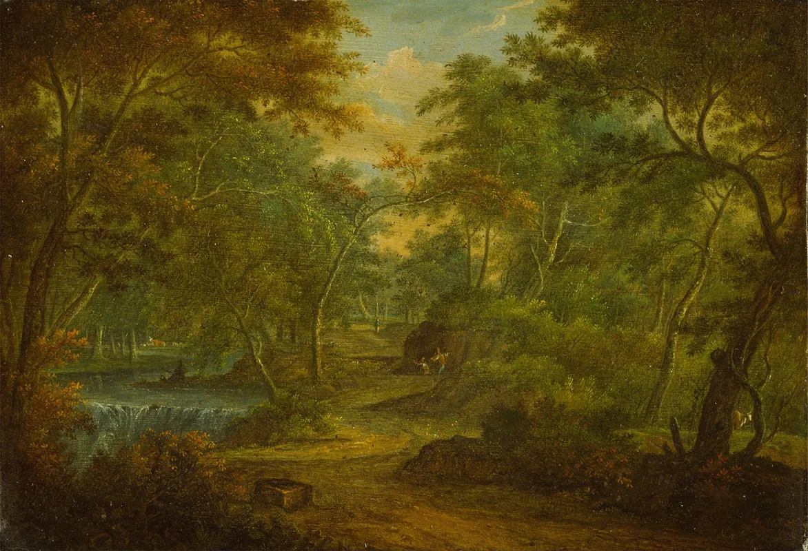 A Wooded Landscape With A Stream And A Fisherman Wall Art by Thomas Smith of Derby - High-Resolution Digital Print
