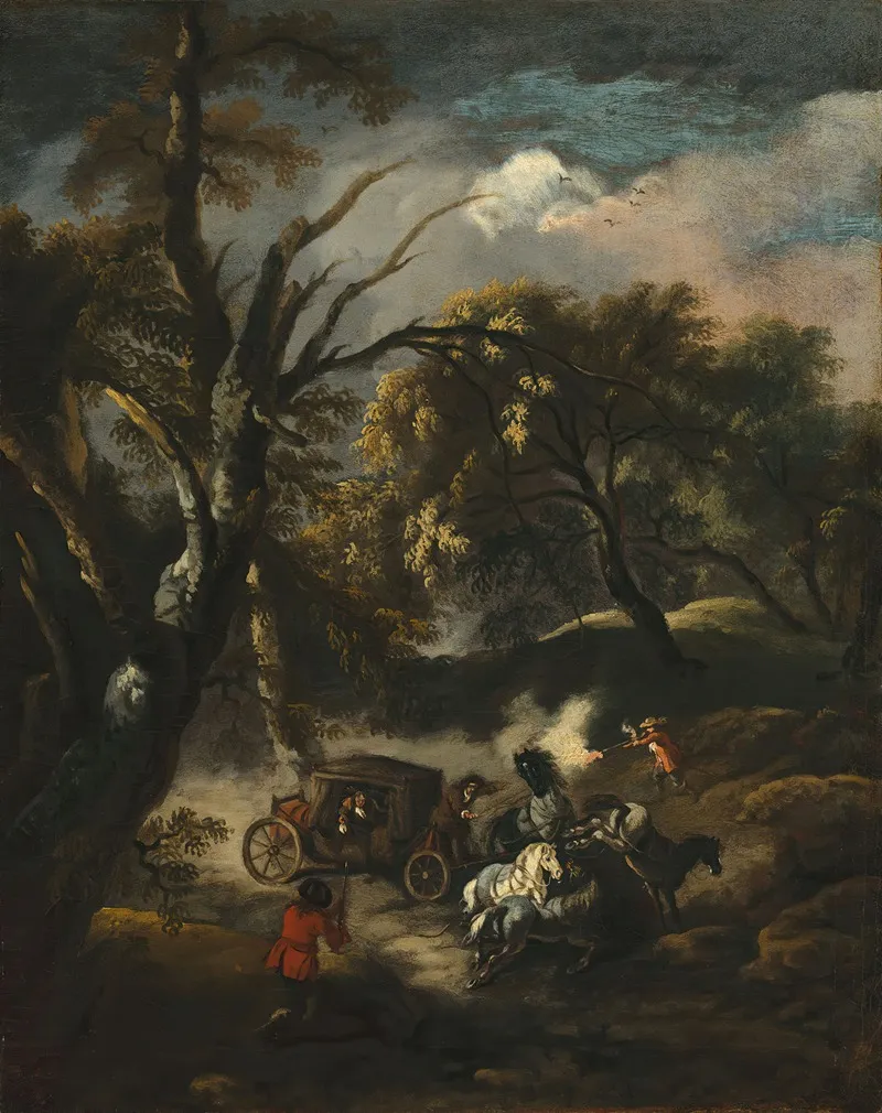 A Wooded Landscape With Bandits Ambushing A Carriage Wall Art by Pandolfo Reschi - High-Resolution Digital Print