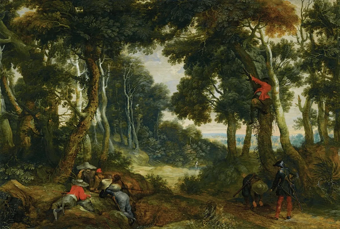 A Wooded Landscape With Brigands Playing Dice Another Brigand Up In A Tree On The Lookout