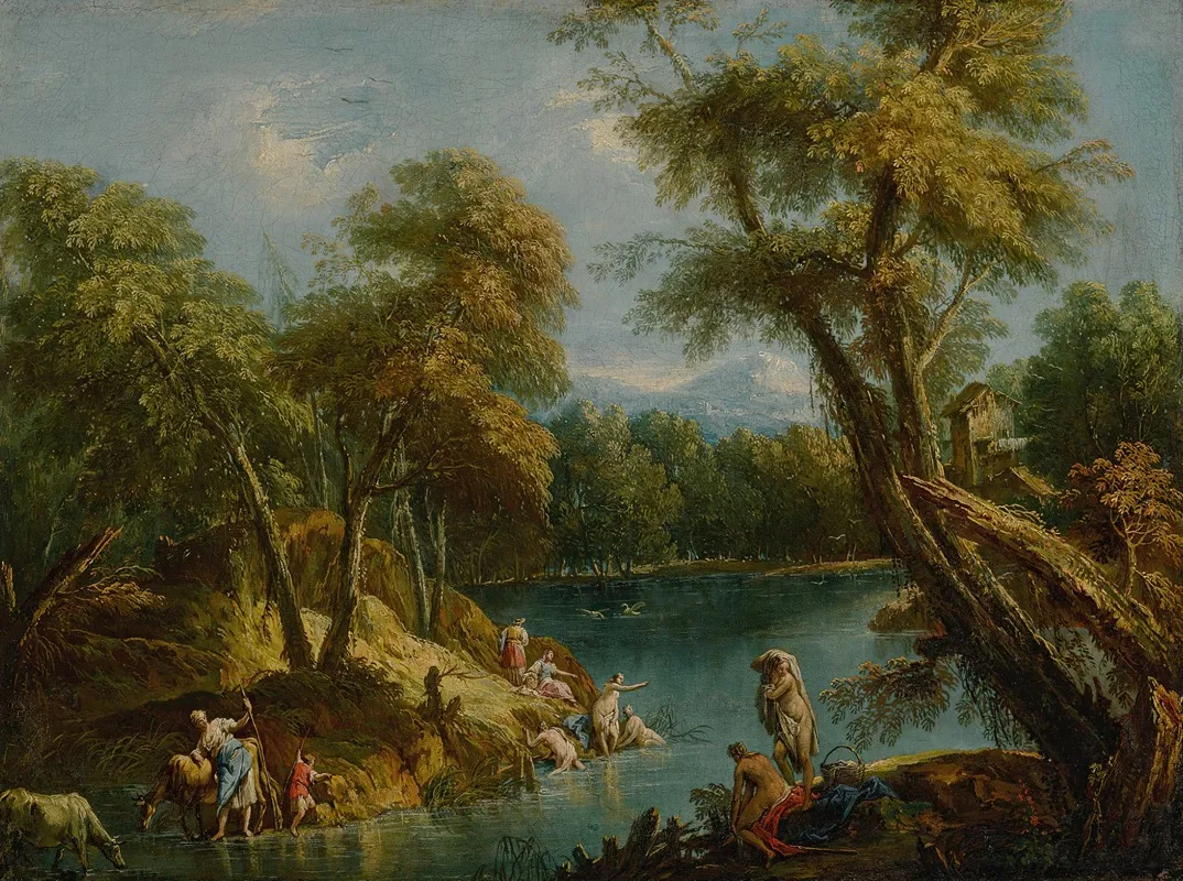 A Wooded Landscape With Figures And Animals By A Lake Wall Art by Antonio Diziani - High-Resolution Digital Print
