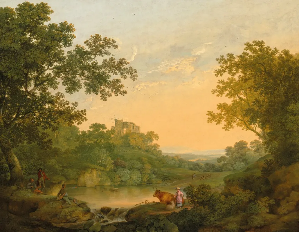 A Wooded Landscape With Fishermen And Shepherds By A Pond A Ruined Castle Beyond Wall Art by George Smith - High-Resolution Digital Print
