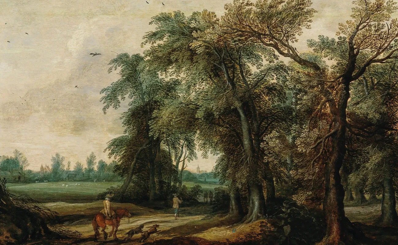 A Wooded Landscape With Hunters Wall Art by Willem van den Bundel - High-Resolution Digital Print