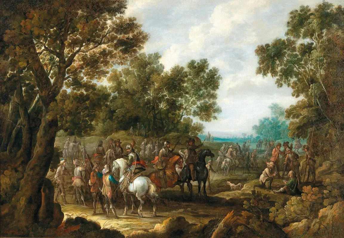 A Wooded Landscape With Soldiers Resting Wall Art by Palamedes Palamedesz - High-Resolution Digital Print