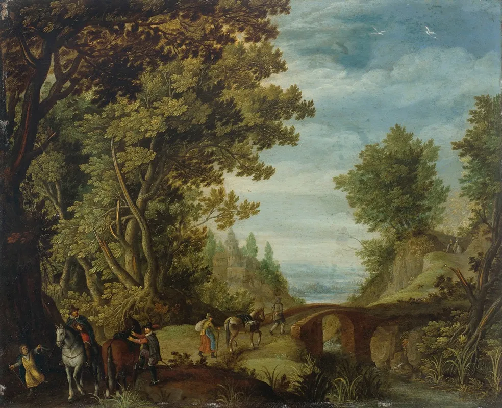 A Wooded Landscape With Travelers Crossing A Bridge Wall Art by Adriaen van Stalbemt - High-Resolution Digital Print