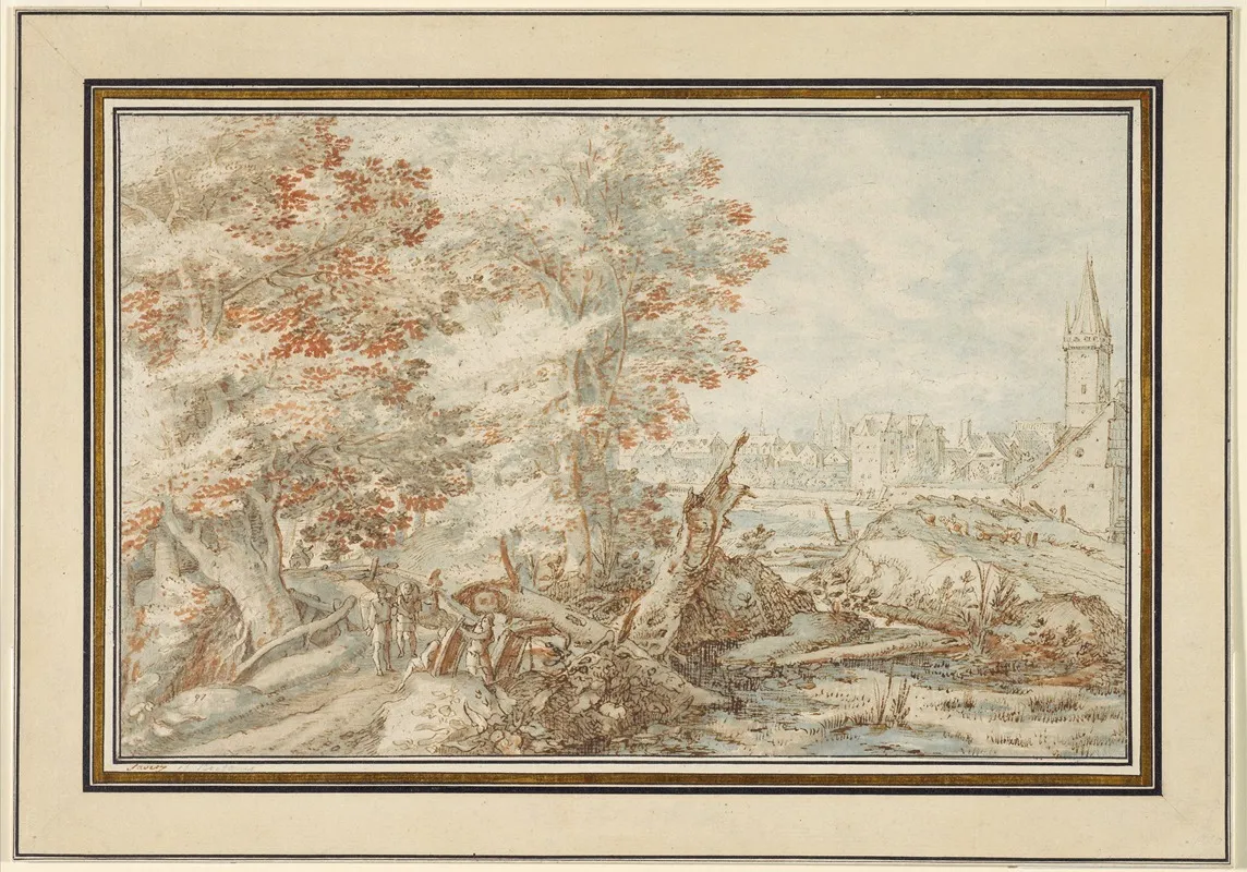 A Wooded Landscape With Travellers By A Stream A Town Beyond