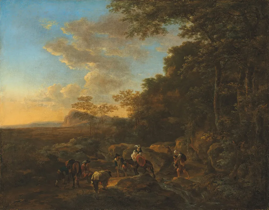 A Wooded Landscape With Travellers Crossing A Ford