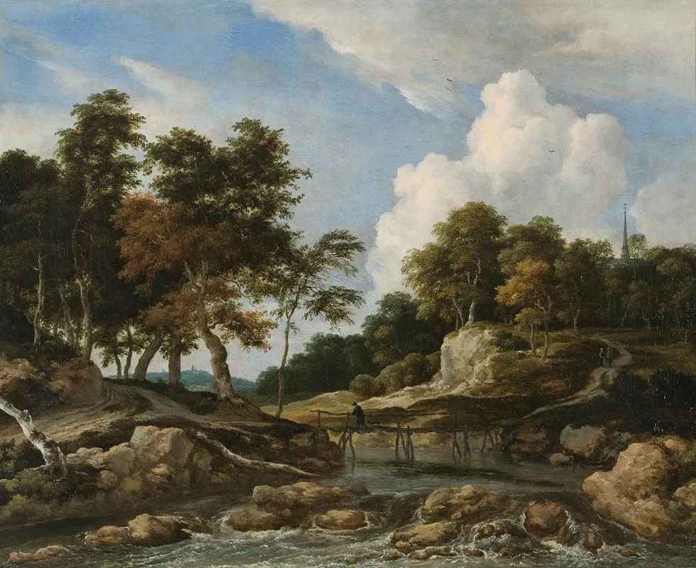 A Wooded River Landscape With A Bridge A Church Beyond