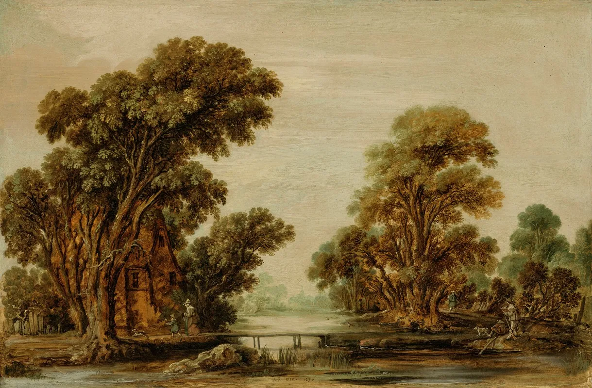 A Wooded River Landscape With Figures And A Cottage Near A Footbridge