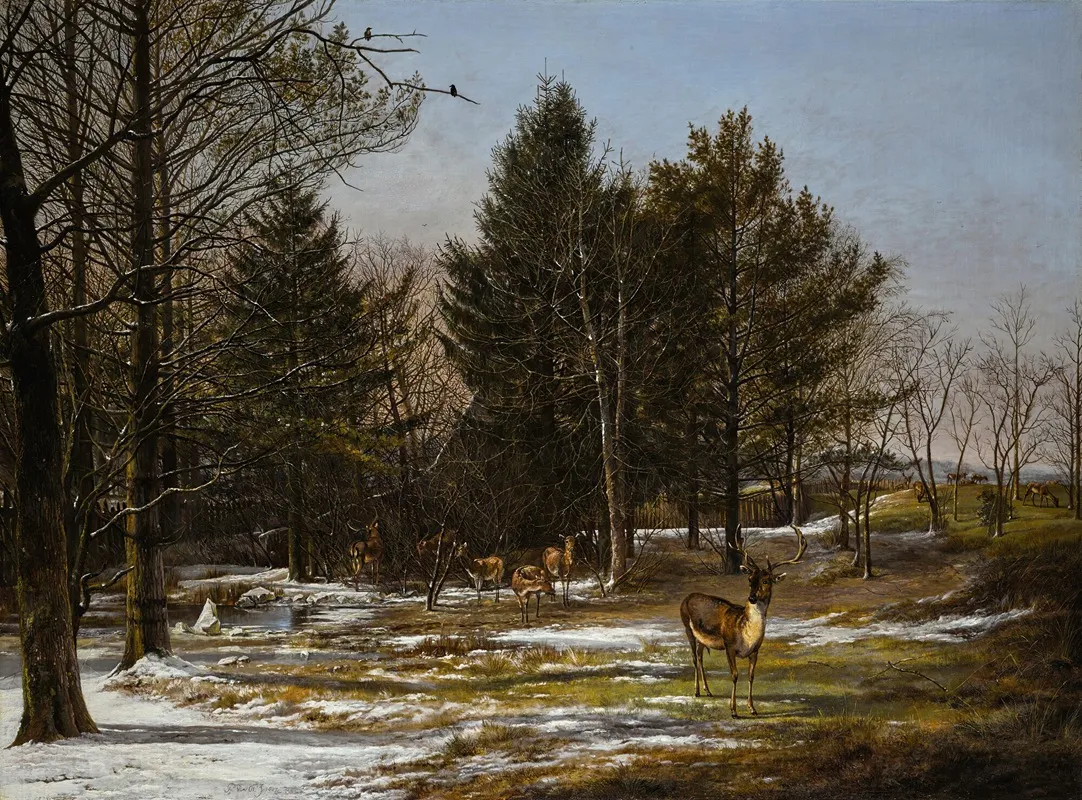 A Wooded Winter Landscape With Deer Wall Art by Pieter Gerardus van Os - High-Resolution Digital Print