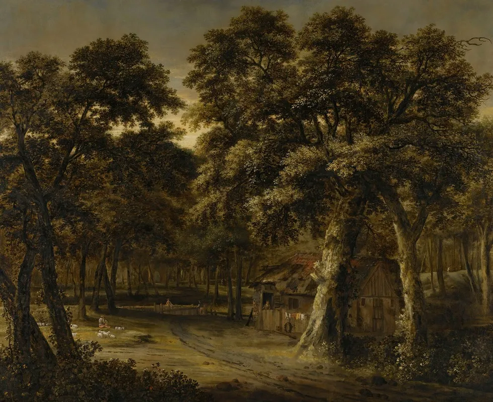 A Woodland Scene With A Cottage And Figures Wall Art by Philips Koninck - High-Resolution Digital Print
