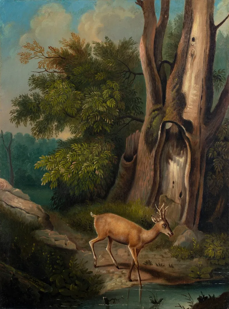 A Woodland Scene With Deer Wall Art by Charles Ferdinand Wimar - High-Resolution Digital Print
