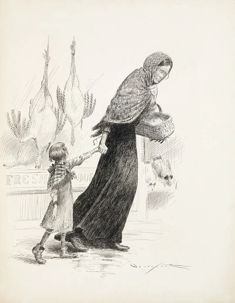 A Worn Woman With An Empty Shopping Basket Pulls A Young Girl Passed A Shop With Fresh Foul For Sale