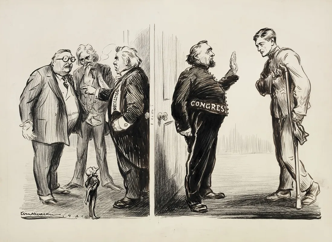 A Wounded Soldier Is Denied Entrance To Congress Where Three Stout Politicians Are Arguing