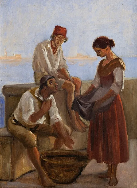 A Young Girl And Two Fishermen Wall Art by Wilhelm Marstrand - High-Resolution Digital Print