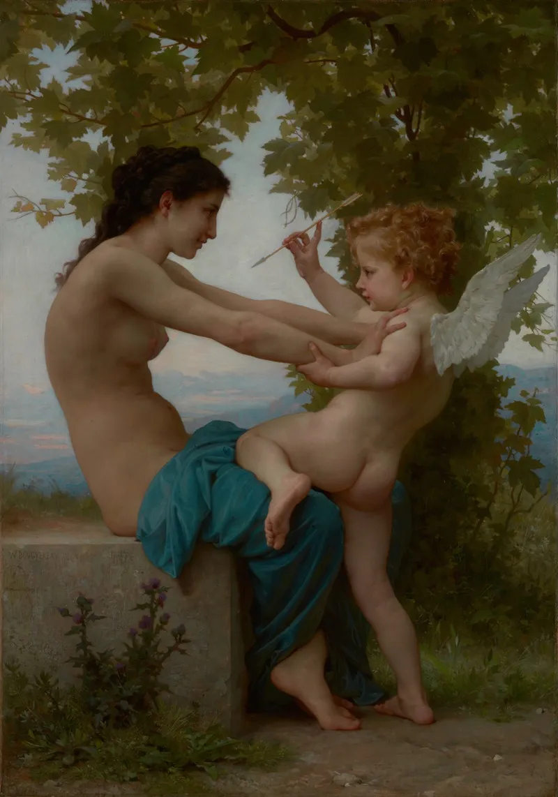 A Young Girl Defending Herself Against Eros Wall Art by William Bouguereau - High-Resolution Digital Print