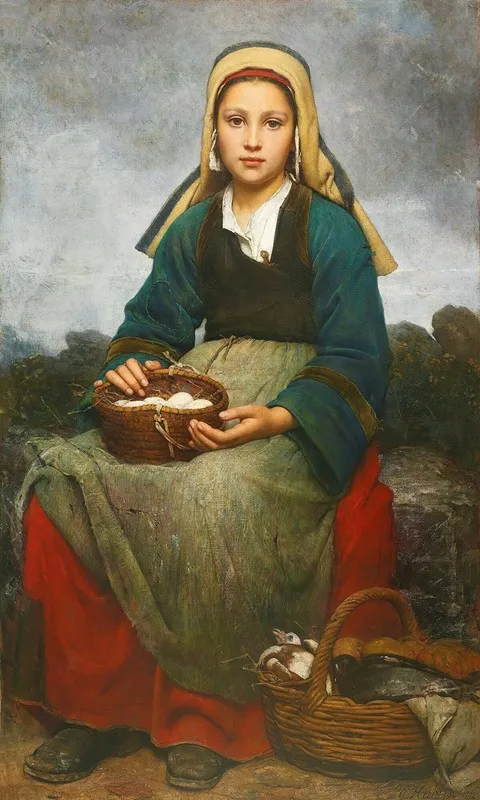 A Young Girl Holding A Basket Of Eggs
