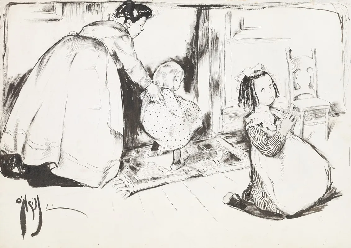 A Young Girl Kneels To Pray While Behind Her A Woman Guides A Younger Girl Towards An Empty Chair Wall Art by Rose Cecil O'Neill - High-Resolution Digital Print
