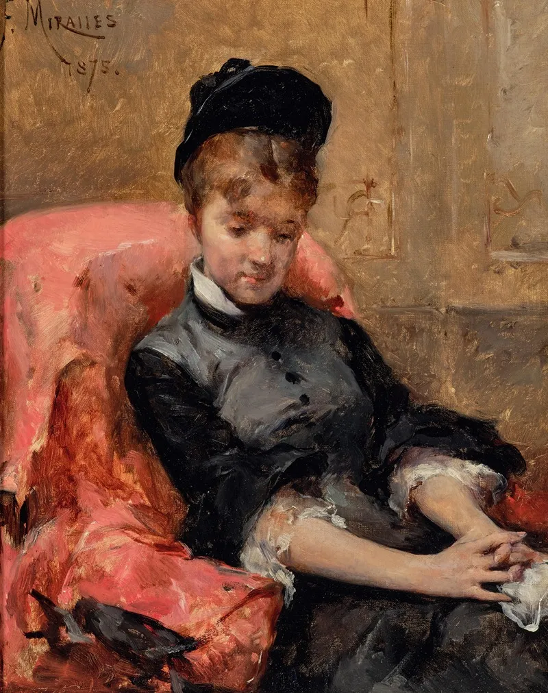 A Young Girl Lost In Thought Sitting In A Red Armchair Wall Art by Francisco Miralles y Gallup - High-Resolution Digital Print