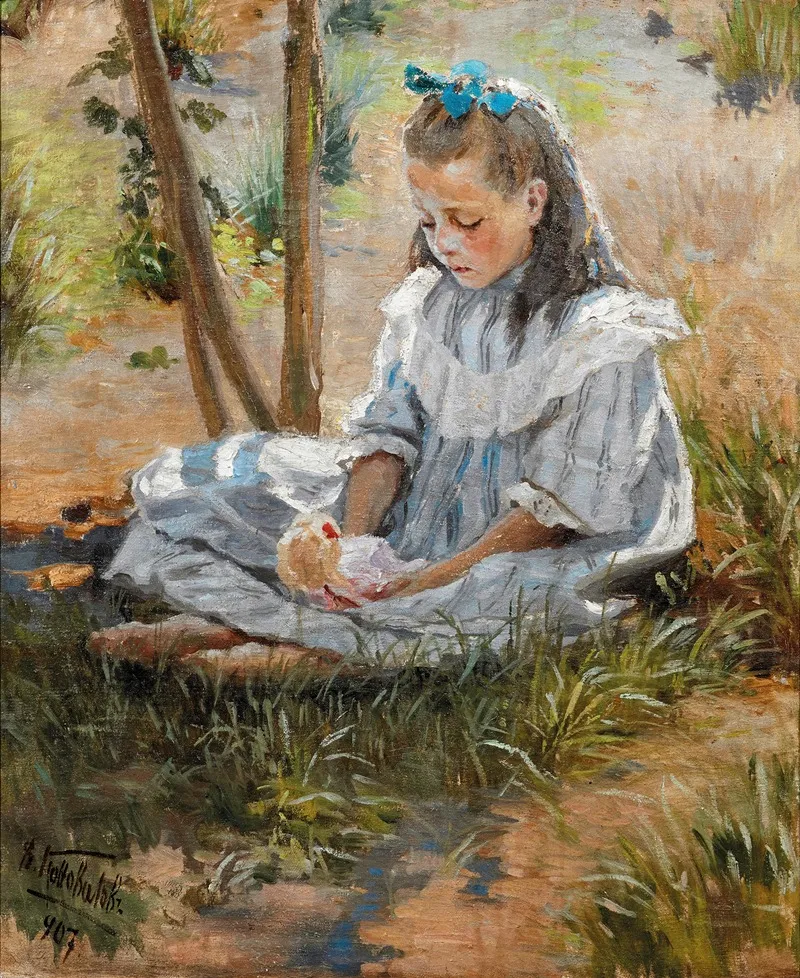 A Young Girl Playing With A Doll Wall Art by Vasily Vasilyevich Konovalov - High-Resolution Digital Print