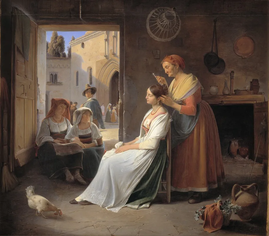 A Young Italian Woman Being Adorned By Her Mother Wall Art by Albert Küchler - High-Resolution Digital Print