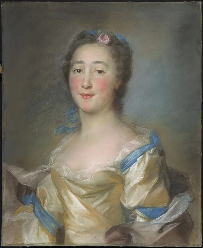 A Young Lady In A Yellow Gown With Blue Ribbons Wall Art by Jean-Baptiste Perronneau - High-Resolution Digital Print