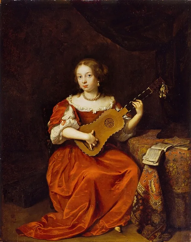 A Young Lady Playing The Guitar Wall Art by Caspar Netscher - High-Resolution Digital Print