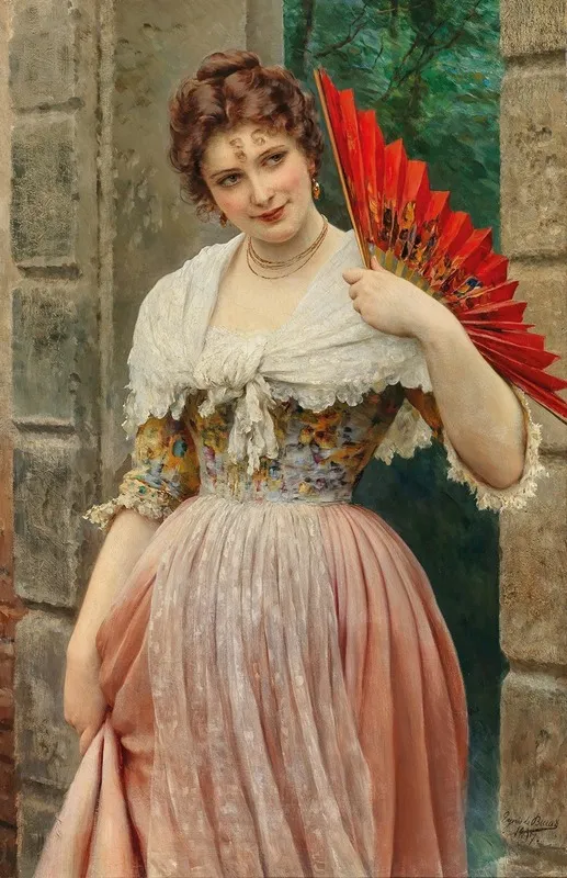 A Young Lady With A Red Fan Wall Art by Eugen von Blaas - High-Resolution Digital Print