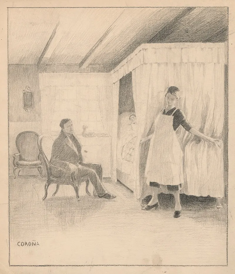 A Young Maid Apparently Feels Ill In A Room Where A Man Is Sitting By A Bed