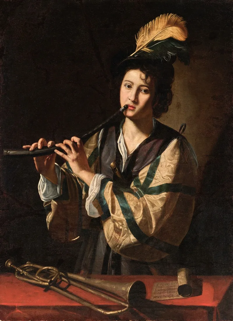 A Young Man Playing A Cornet Wall Art by Nicolas Tournier - High-Resolution Digital Print