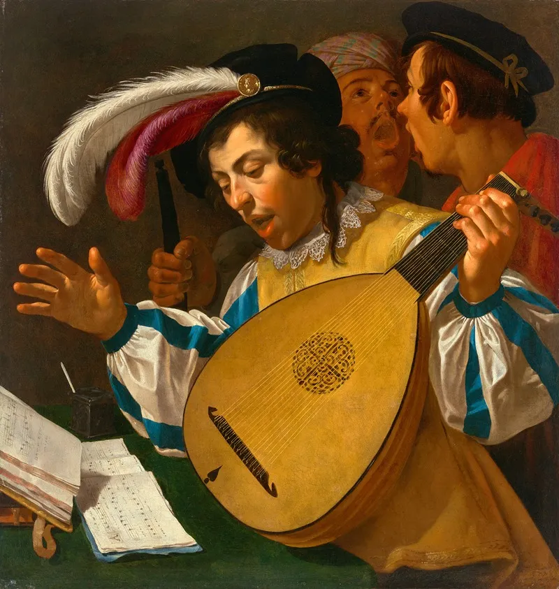 A Young Man Playing A Lute And Singing With Two Companions Wall Art by Jan Van Bijlert - High-Resolution Digital Print