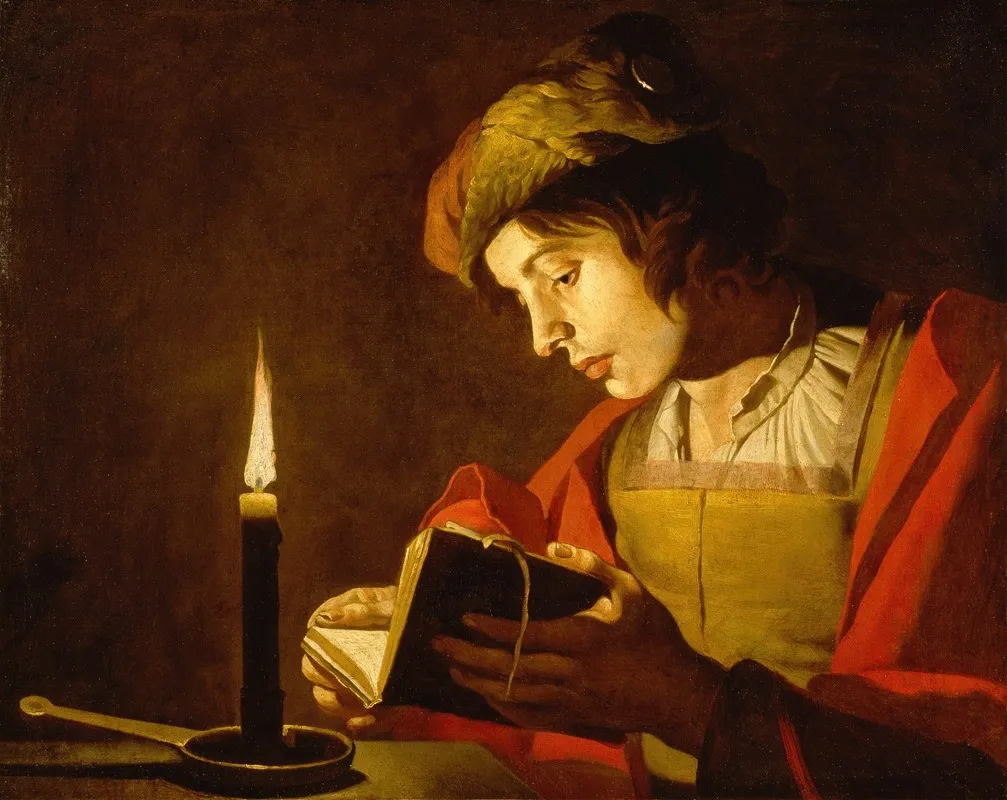 A Young Man Reading By Candlelight Wall Art by Matthias Stom - High-Resolution Digital Print