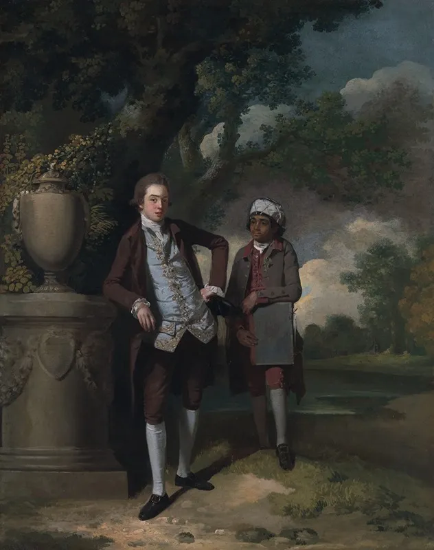 A Young Man With His Indian Servant Holding A Portfolio