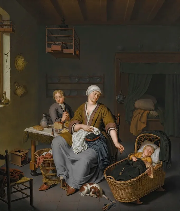 A Young Mother Tending To Her Two Children In A Domestic Interior
