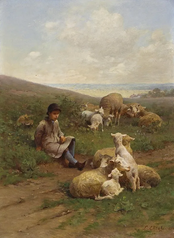 A Young Shepherd With His Flock Wall Art by Luigi Chialiva - High-Resolution Digital Print