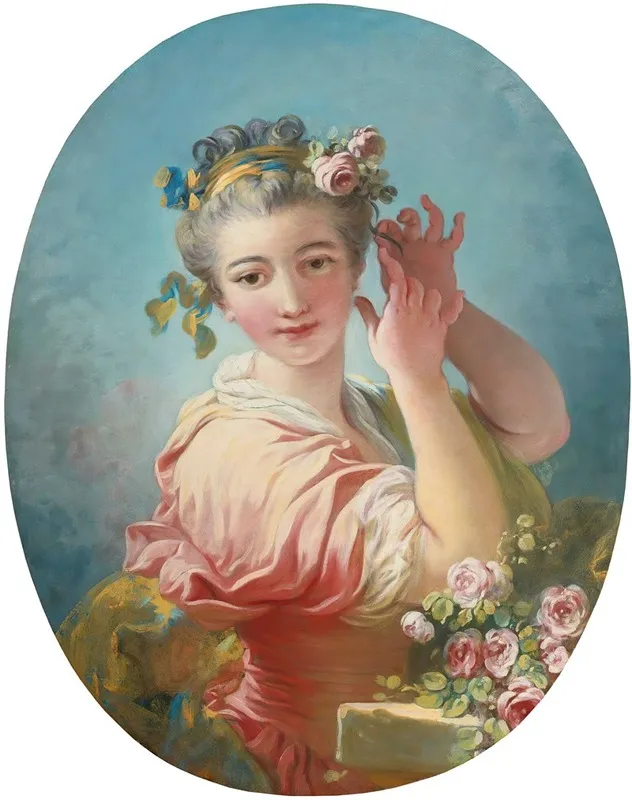 A Young Woman Adorning Her Powdered Coiffure With A Spray Of Roses Wall Art by Jean-Honoré Fragonard - Canvas Print