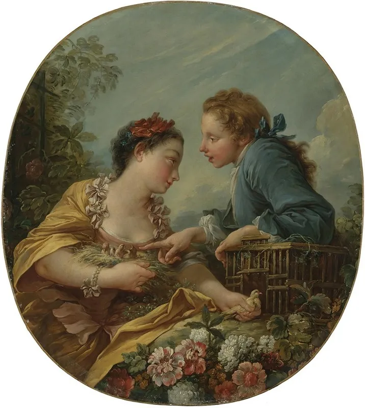 A Young Woman And Youth Placing Young Birds In A Cage The Bird Nesters Wall Art by François Boucher - High-Resolution Digital Print