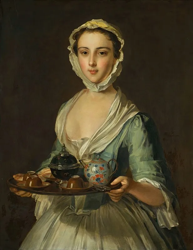 A Young Woman Carrying A Tea Tray Possibly Hannah The Artists Maid Wall Art by Philippe Mercier - High-Resolution Digital Print