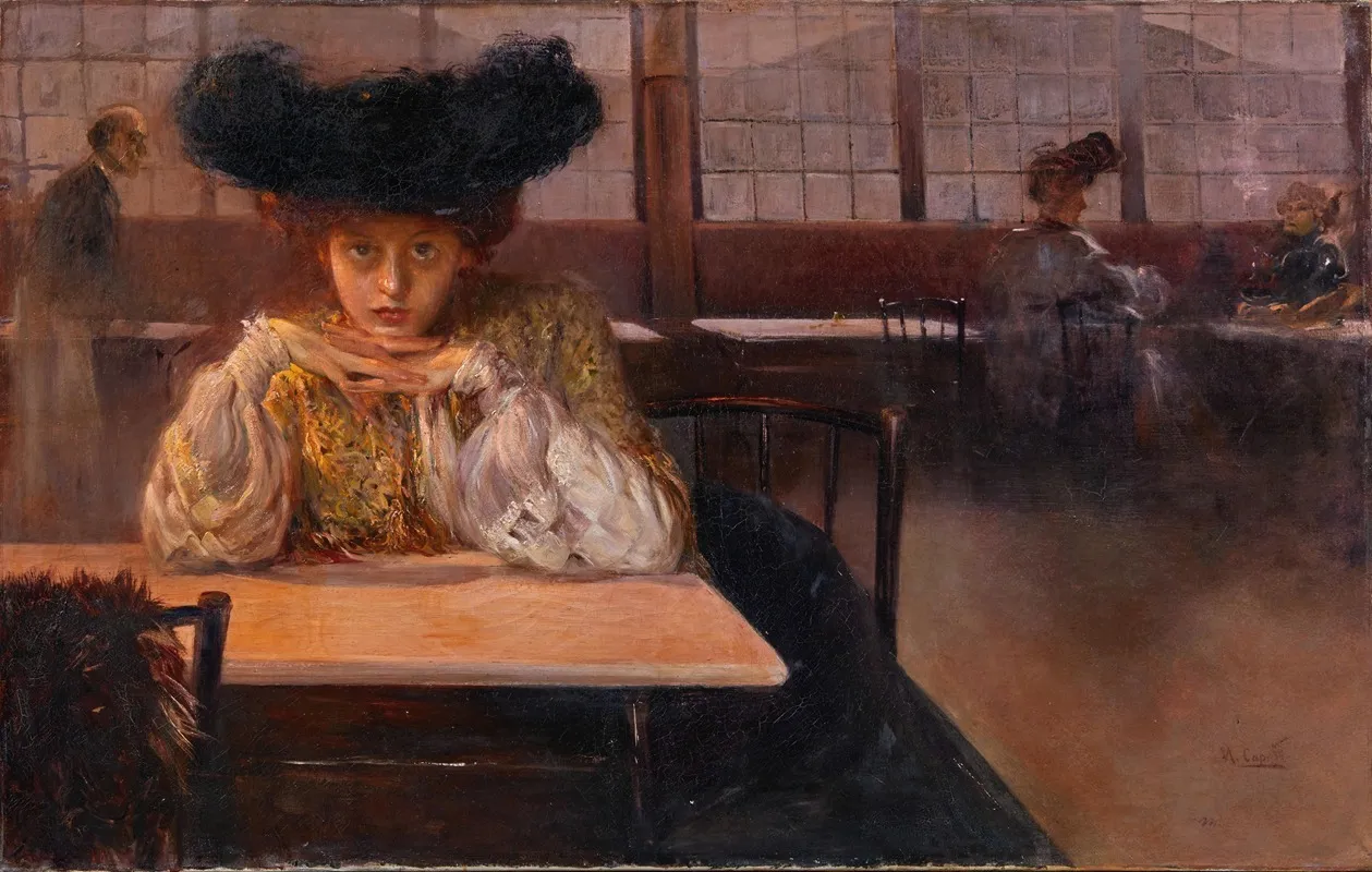 A Young Woman In A Coffee House Wall Art by Ulisse Caputo - High-Resolution Digital Print
