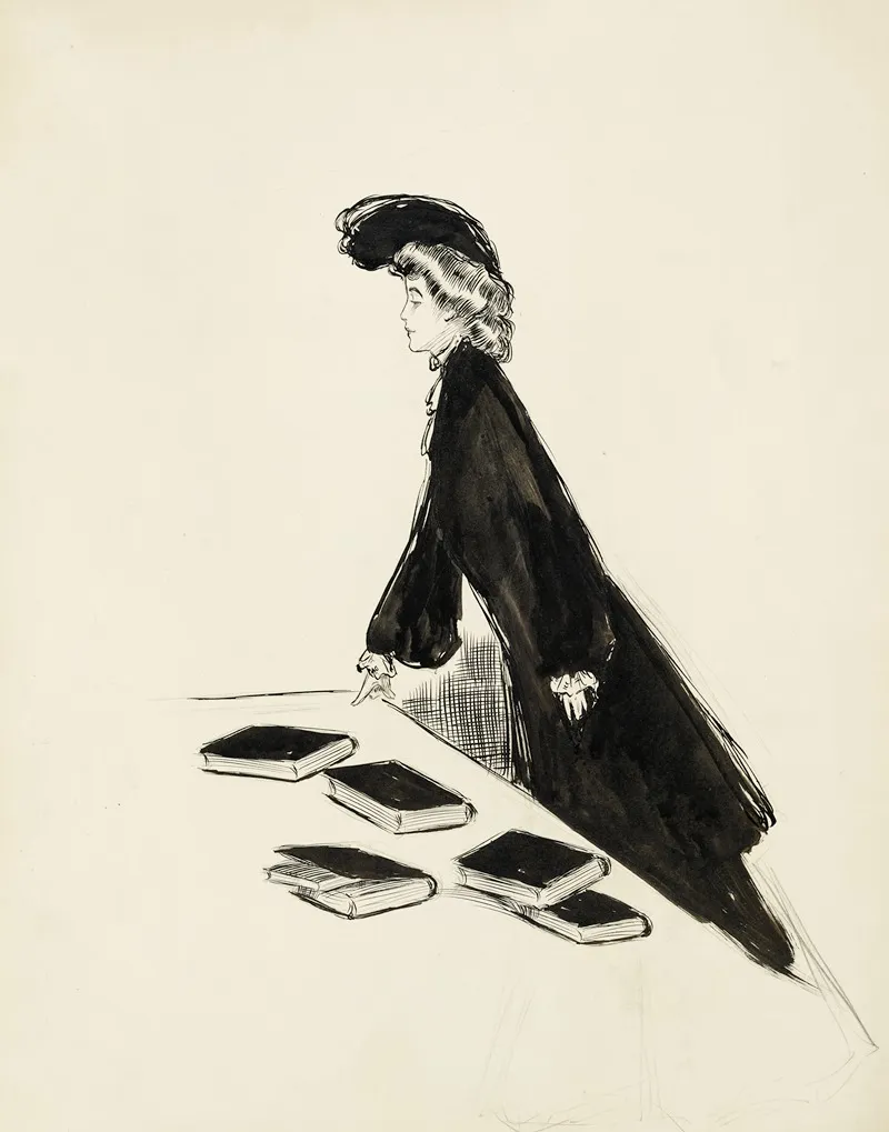 A Young Woman In Fancy Clothes Stands At A Table Holding Several Books Looking Away From Them