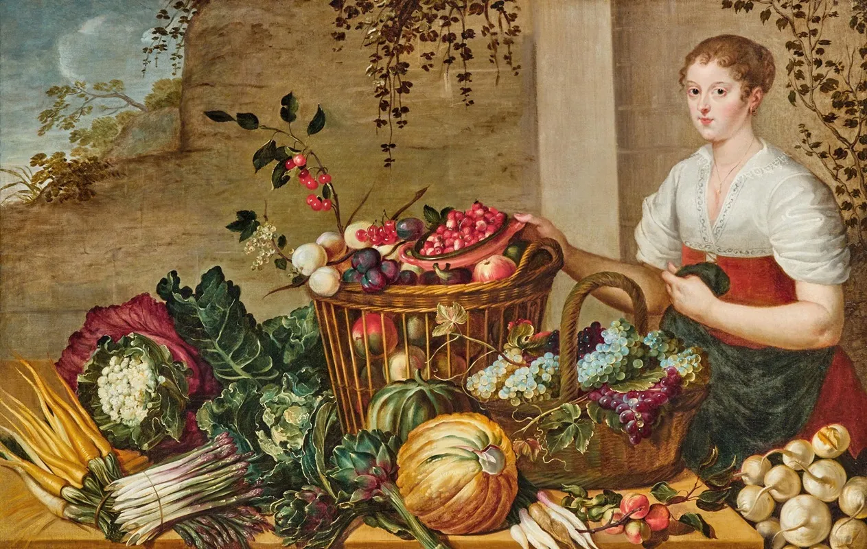A Young Woman Next To A Table With Fruit In Baskets And Vegetables Wall Art by Flemish School - High-Resolution Digital Print