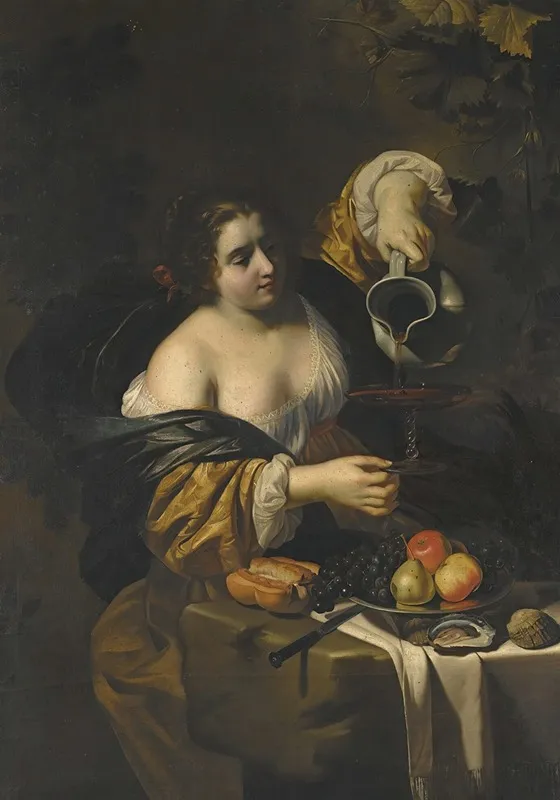 A Young Woman Pouring Red Wine From A Pitcher Into A Glass Wall Art by Nicolas Regnier - High-Resolution Digital Print