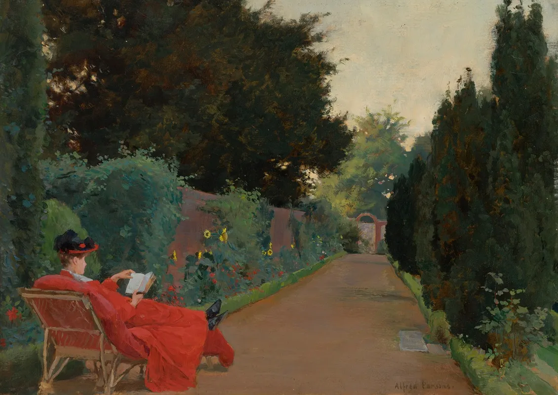 A Young Woman Reading On A Garden Path Wall Art by Alfred William Parsons - High-Resolution Digital Print