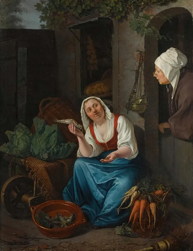 A Young Woman Selling Fish And Vegetables Wall Art by Pieter Christoffel Wonder - High-Resolution Digital Print