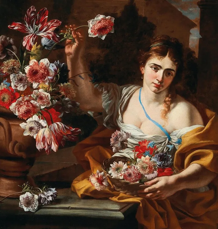 A Young Woman Taking A Flower From A Vase Wall Art by Abraham Brueghel - High-Resolution Digital Print