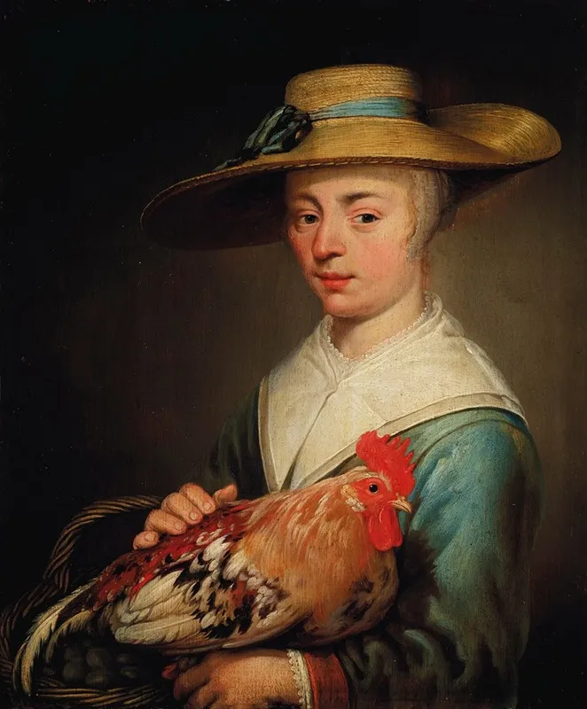 A Young Woman Wearing A Straw Hat And Holding A Hen And A Basket Of Eggs Wall Art by Jacob Gerritsz Cuyp - High-Resolution Digital Print