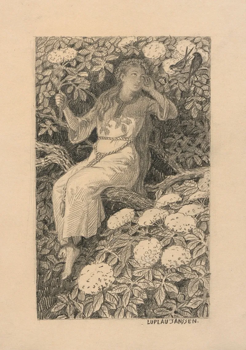 A Young Woman With A Wreath Of Flowers In Her Hair Wall Art by Luplau Janssen - High-Resolution Digital Print