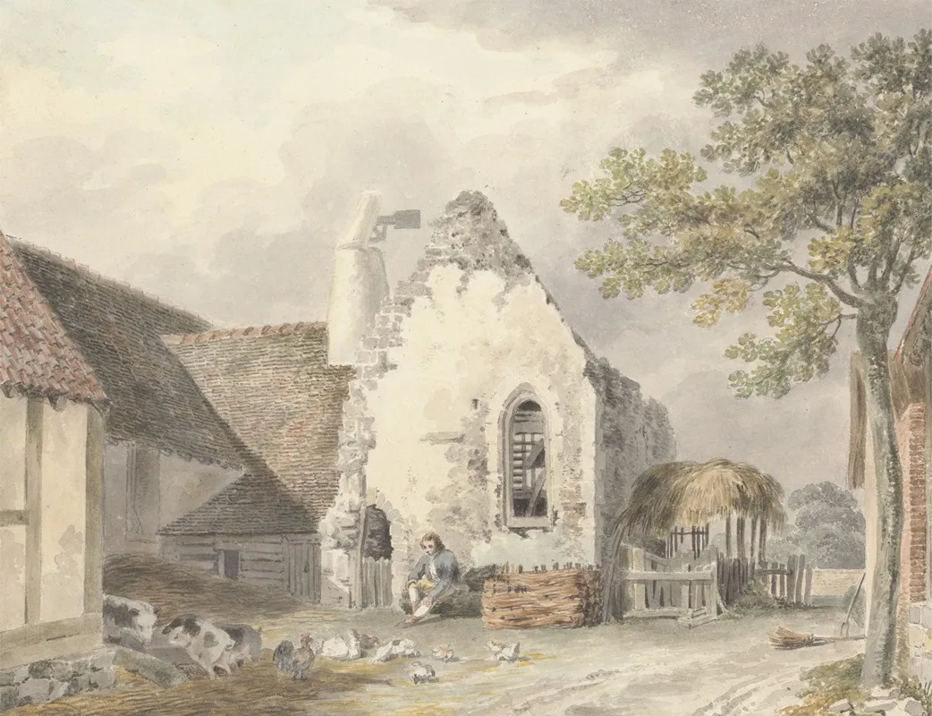 A Youth In A Farmyard With Pigs And Poultry